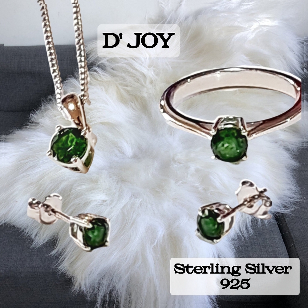 D' JOY Chrome Diopside Earrings, Ring & Pendant Necklace In Platinum & Rhod NWOT